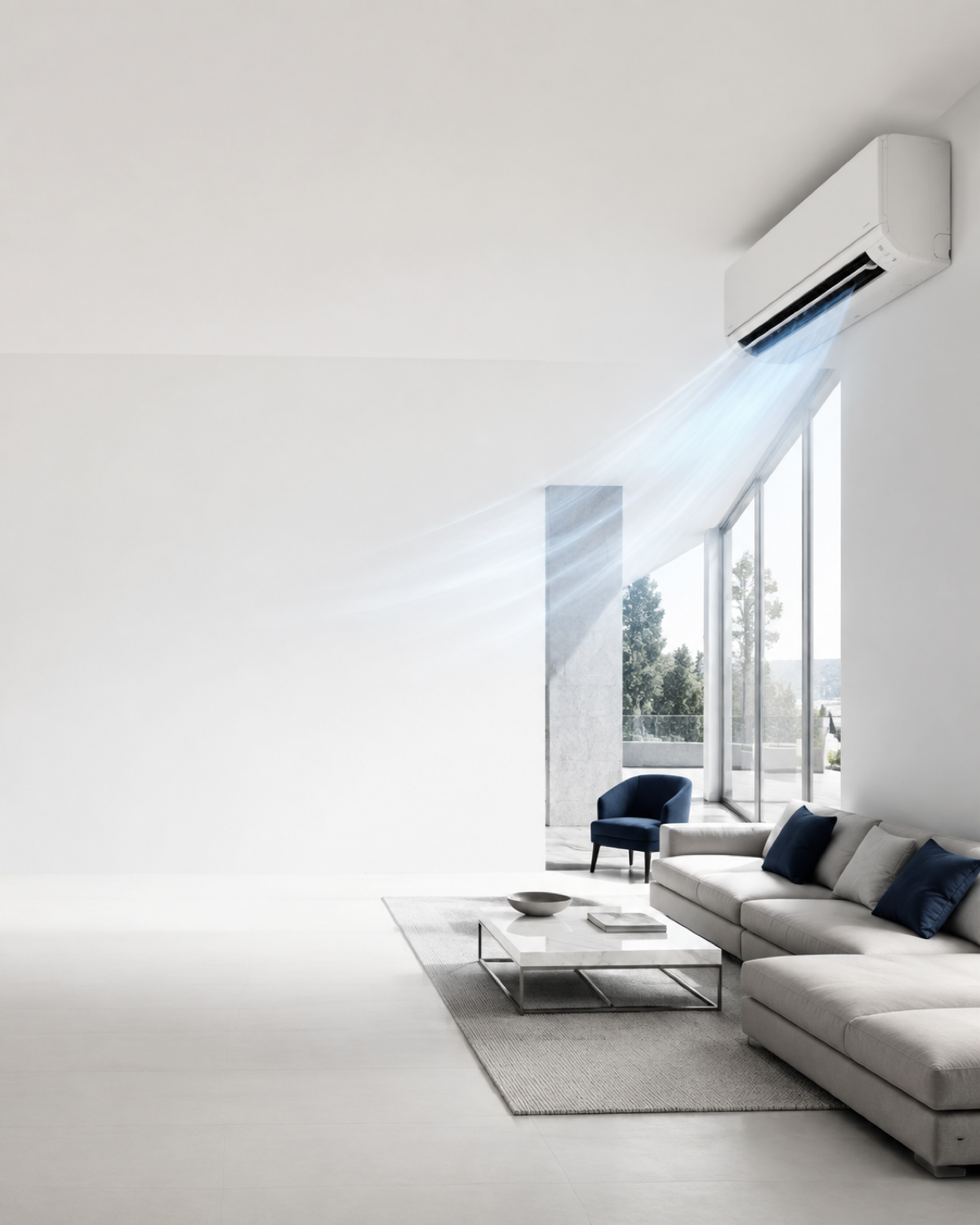 Bright contemporary interior with a discreet wall-mounted air conditioner